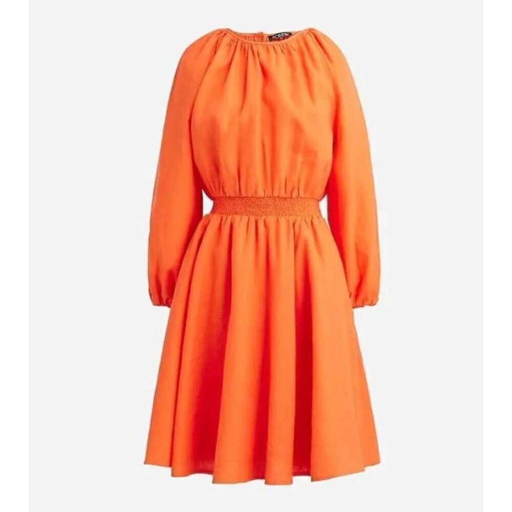 New J.Crew Size M Palermo smocked-waist mini dress in linen Orange *Stain*